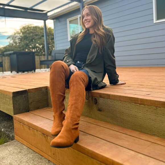 🆕Women's Tan-suede Thigh High Low Block Heel Casual Fashion Over the Knee Boots - Picture 1 of 10